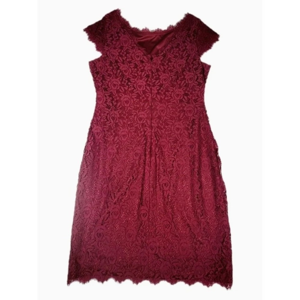 Eliza J Burgundy Lace Sheath Dress Cap Sleeve Scalloped Eyelash Trim Size 12 - Picture 6 of 12